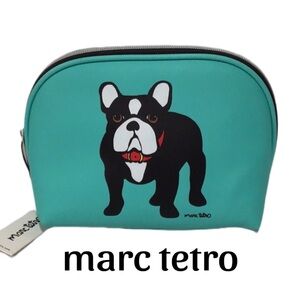 NWT marc tetro French Bulldog Cosmetic Bag, Animal-Free Material, Teal